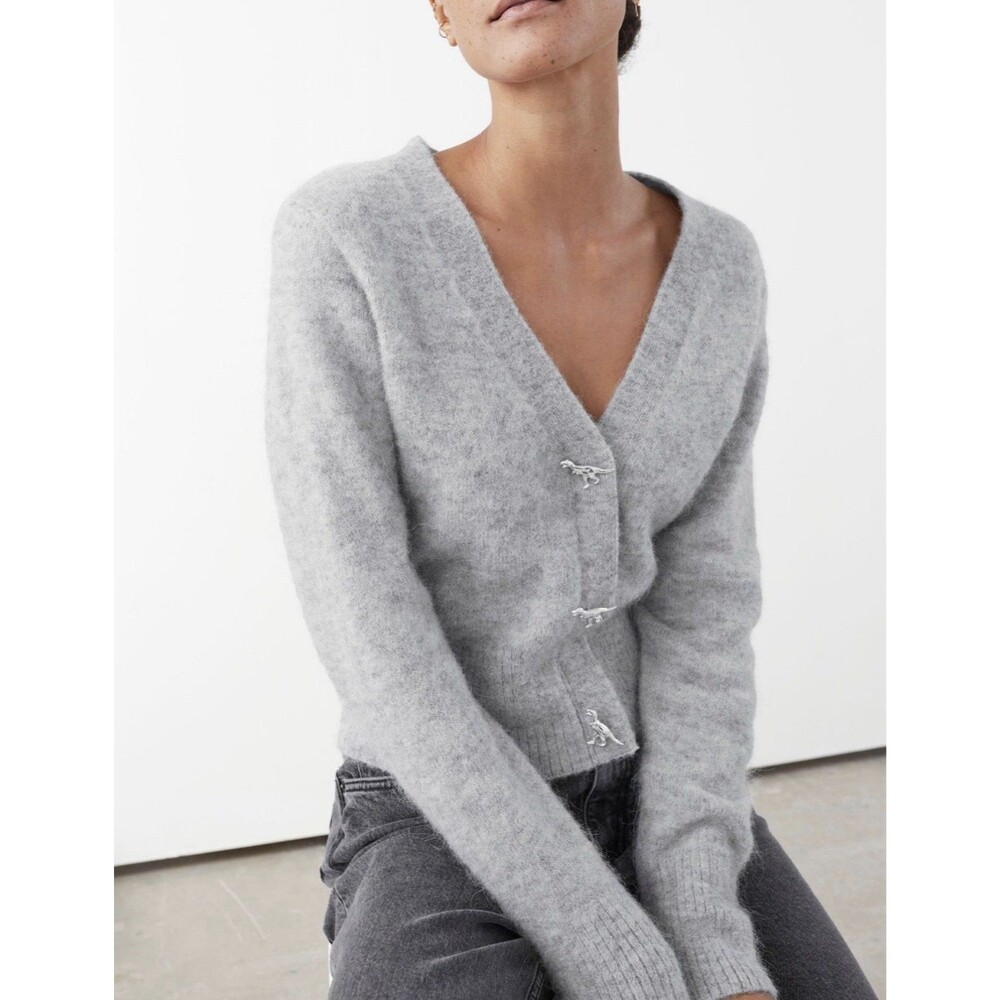 & Other Stories Dinosaur Button V-Neck Cardigan Gray Wool Alpaca Blend Sz S EUC!